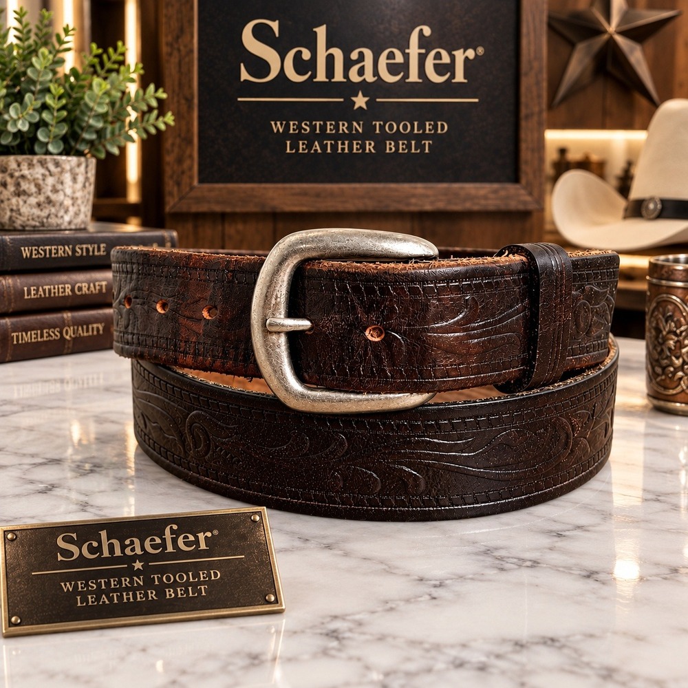 Vintage Schaefer Western Tooled Leather Belt Brown Mens Size 40 Made in USA